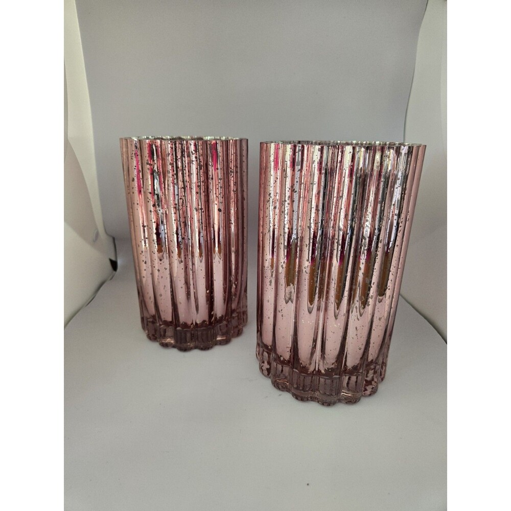 Valerie Parr Hill S/2 Illuminated Mercury Glass Hurricane PINK Twinkle Lights